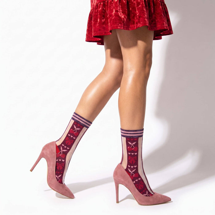 Bow & Cherry Sheer Socks in Burgundy/Soft Pink - Precious Sparkle