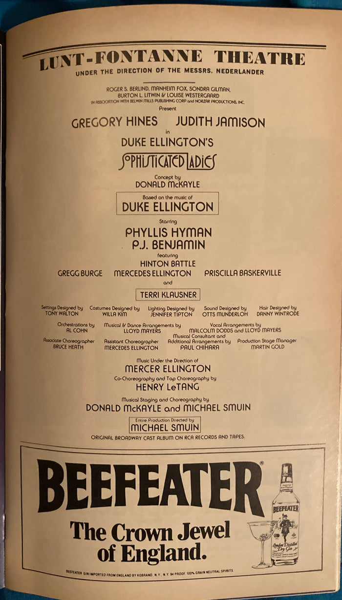 "Duke Ellington's Sophisticated Ladies." Playbill Theater Program. Lunt-Fontanne Theatre. 12/1981.