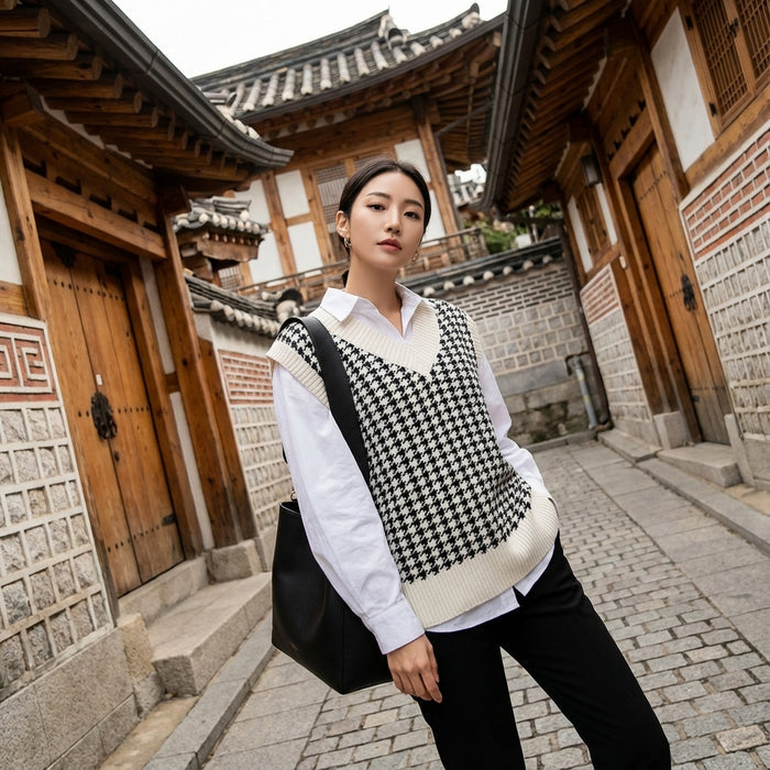 Gilet pull oversize plaid beige femme - Koreanxwear
