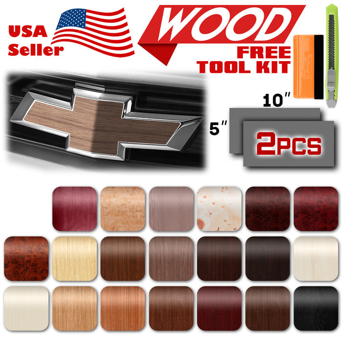 2pcs 5"x10" Wood Grain Chevy Emblem Bowtie Overlay Vinyl Wrap