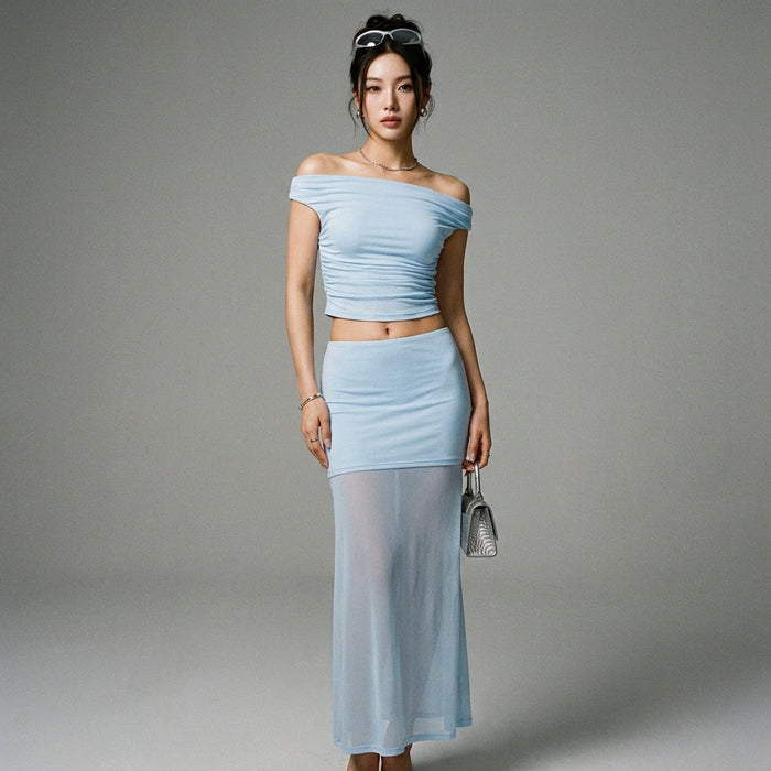 Ensemble top asymétrique et jupe longue ajustée bleu ciel - K-fashion femme - Taille S