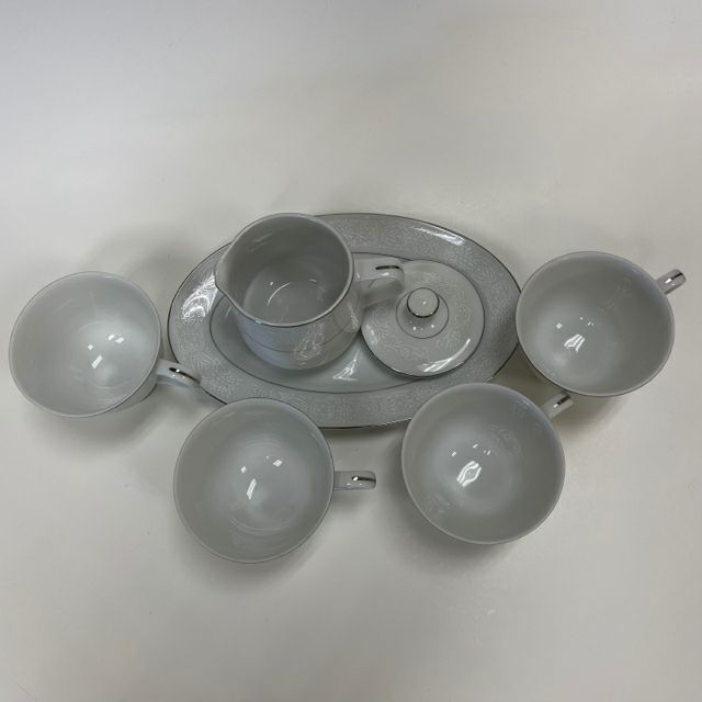 Brentwood White-Silver Fine China Teacups, Creamer, Dish