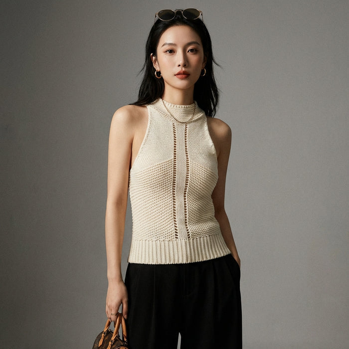 Gilet pull tricoté ajusté beige pour femme - Koreanxwear - Taille S