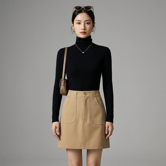 Jupe taille haute A-line noire, style mode coréenne, pour femme. Élégante et décontractée. - Taille S