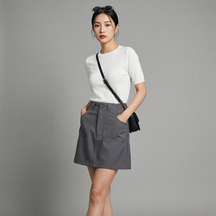 Jupe taille haute A-line noire, style mode coréenne, pour femme. Élégante et décontractée. - Taille S