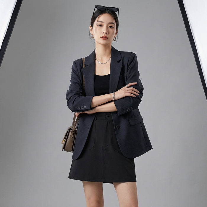 Jupe taille haute A-line noire, style mode coréenne, pour femme. Élégante et décontractée. - Taille S