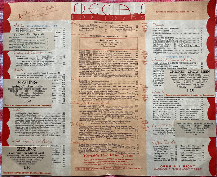 (Menu) Longchamps. New York City. [1940s]