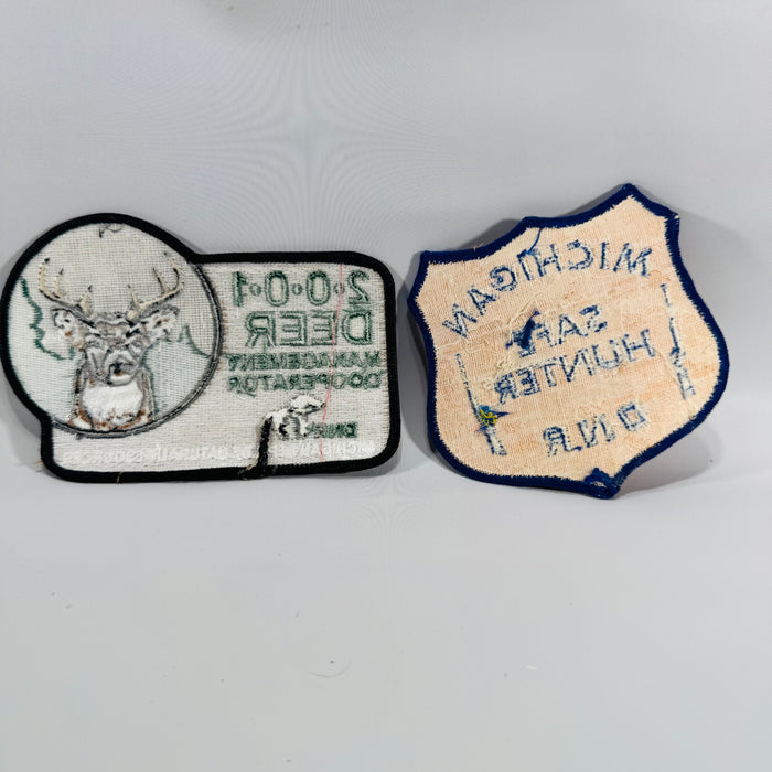 Michigan DNR Patch Set (2) – 2001 Deer Management Cooperator + Michigan Safe Hunter DNR