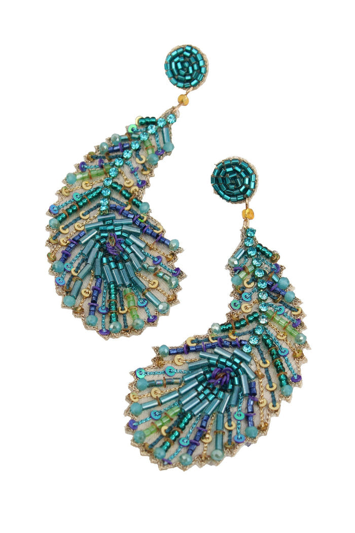 My Doris PEACOCK FEATHER BEADED EARRINGS - Precious Sparkle