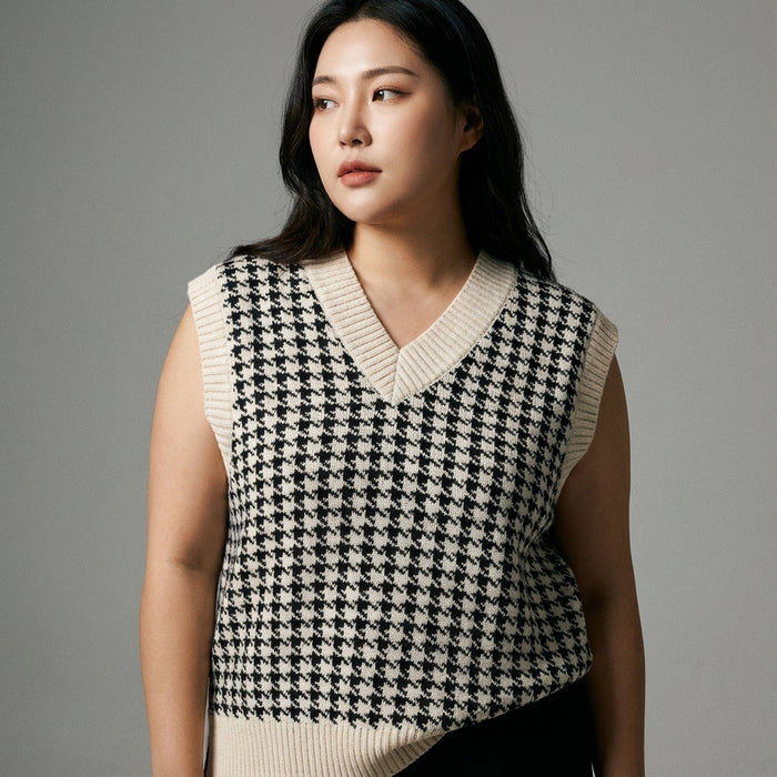Gilet pull oversize plaid beige femme - Koreanxwear - Taille XL - Grande Taille