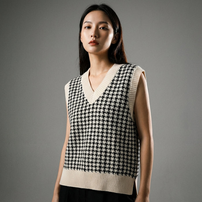 Gilet pull oversize plaid beige femme - Koreanxwear - Taille M