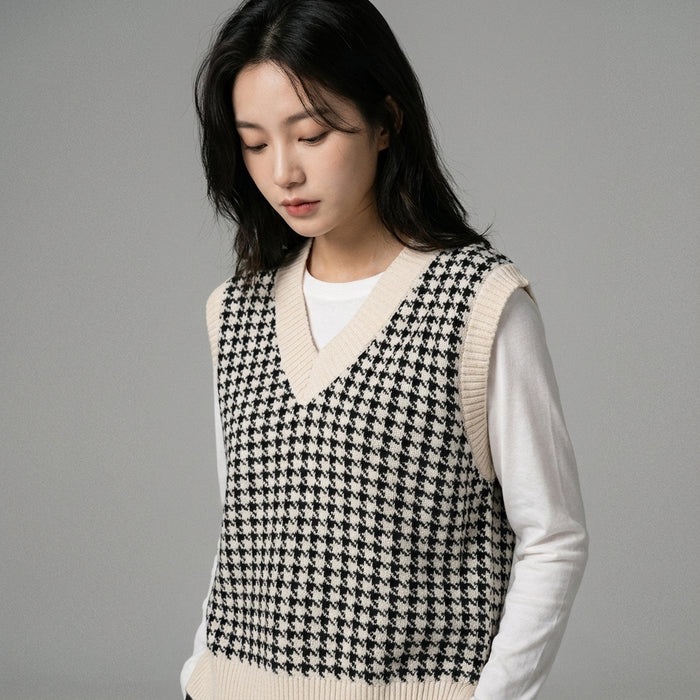 Gilet pull oversize plaid beige femme - Koreanxwear - Taille S