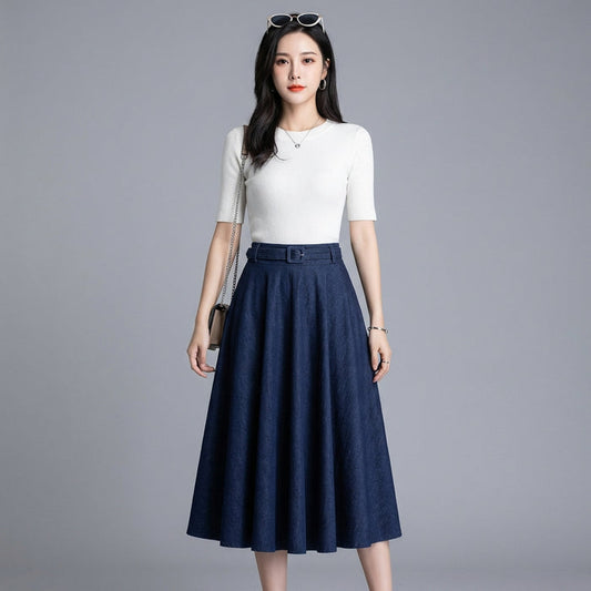 Jupe longue en jean plissée bleu marine, style K-fashion décontracté et tendance. - Taille One Size
