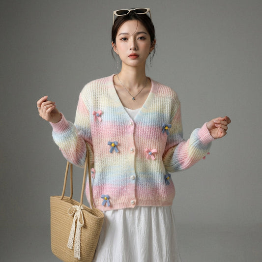 Cardigan rayé arc-en-ciel ample avec nœud - Koreanxwear - Taille One Size