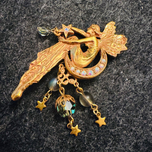 Rare Vintage Kirk’s Folly Moon Fairy Brooch Pin Gold Tone Pink Purple Enamel AB Rhinestones Faceted Beads Star Dangles Signed