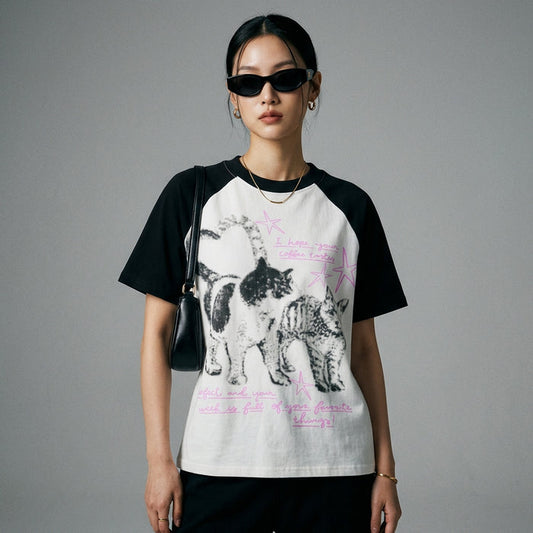 T-shirt court blanc imprimé chat rétro, mode K-fashion femme - Taille S