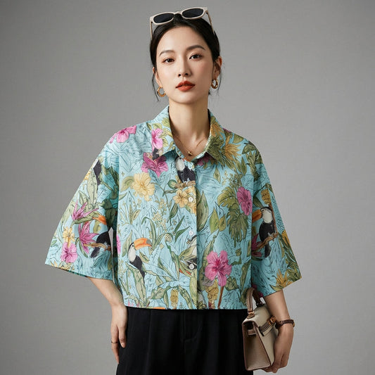 Chemise courte à imprimé floral femme - Mode Coréenne décontractée - Taille S
