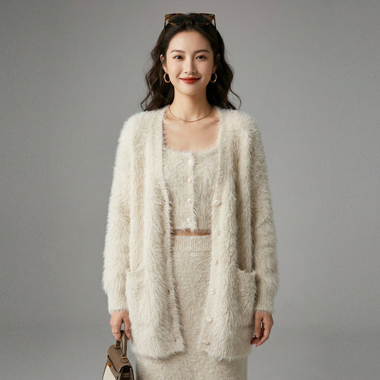 Pull en maille col V avec poches, couleur unie - Mode Coréenne - Taille One Size