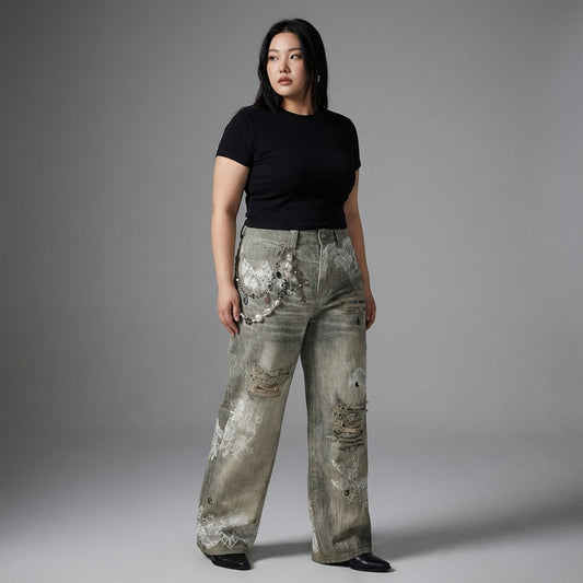 Jean droit homme gris délavé imprimé numérique streetwear - Koreanxwear - Taille XL - Grande Taille