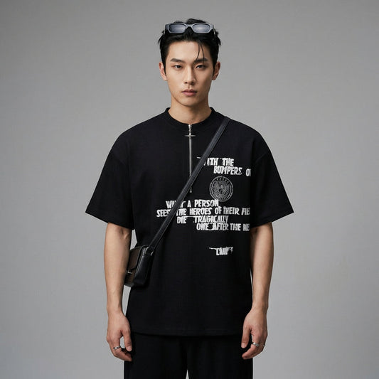 T-shirt homme col rond zippé imprimé streetwear - Koreanxwear - Taille M