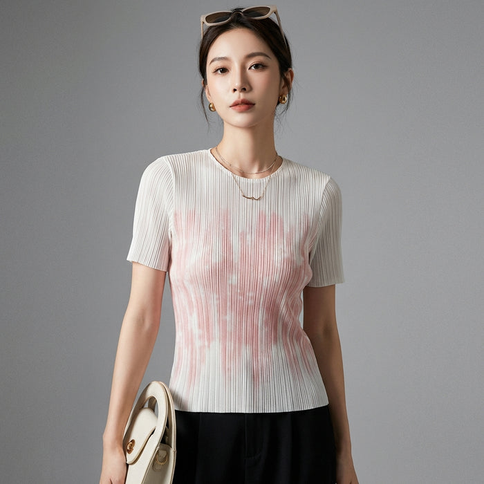 T-shirt plissé imprimé col rond femme - K-fashion - Taille one size