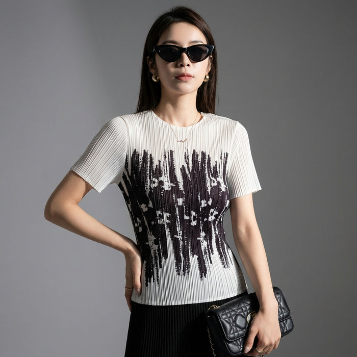 T-shirt plissé imprimé col rond femme - K-fashion - Taille one size