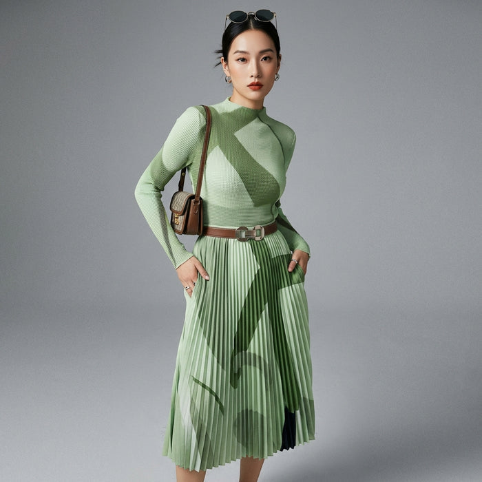 Ensemble plissé deux pièces mode coréenne, t-shirt et jupe taille haute. K-fashion élégant. - Taille One Size