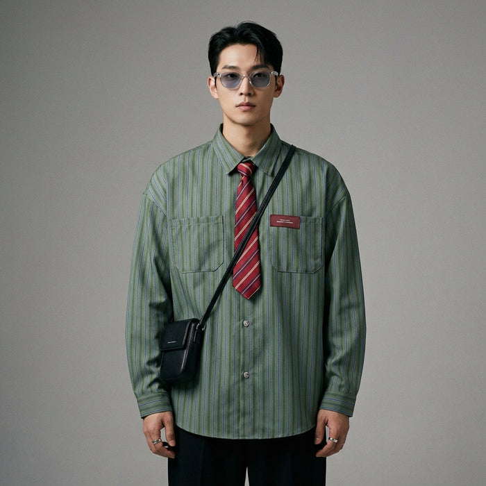 Chemise rayée ample verte et grise, style streetwear K-fashion - Taille M