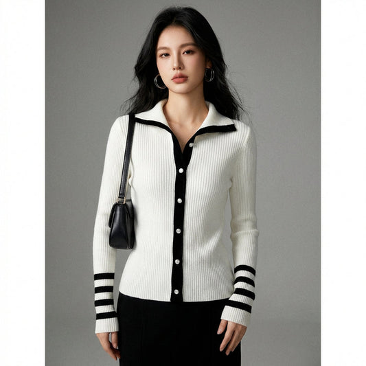 Cardigan tricoté bicolore blanc, style français décontracté - Koreanxwear - Taille One Size Fits All
