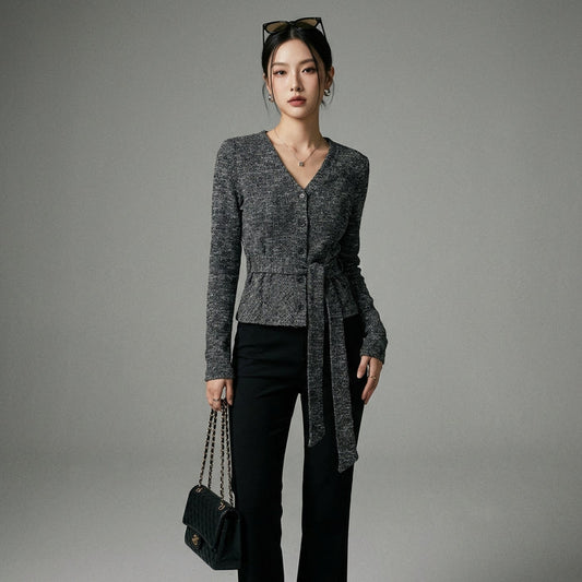Top col V manches longues avec ceinture nouée couleur Caramel - Koreanxwear - Taille S