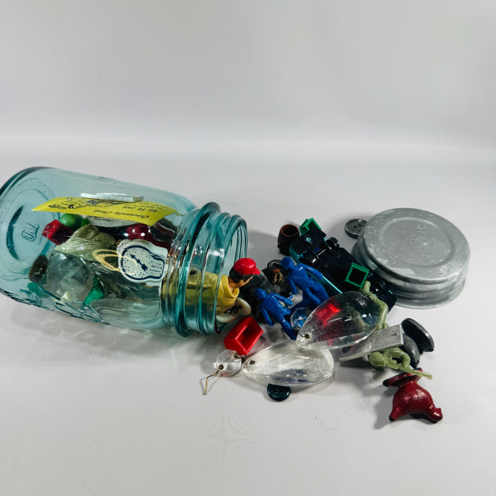 Vintage Blue Ball Perfect Mason Pint Jar with Zinc Lid — Filled Curiosity Collection, Buttons, Marbles, Toy Soldiers, Monopoly Pieces, Michigan License Tab