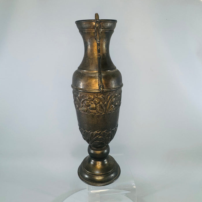 Vintage Brass Urn-Shaped Vase Floral Repoussé Double Handles Aged Patina Victorian Revival