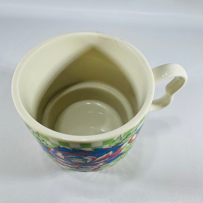 Vintage Japan Stackable Coffee Mug — Bold Blue Red Peony Floral on Green Checker, Ribbed Base, Mid-Century Export Ceramic