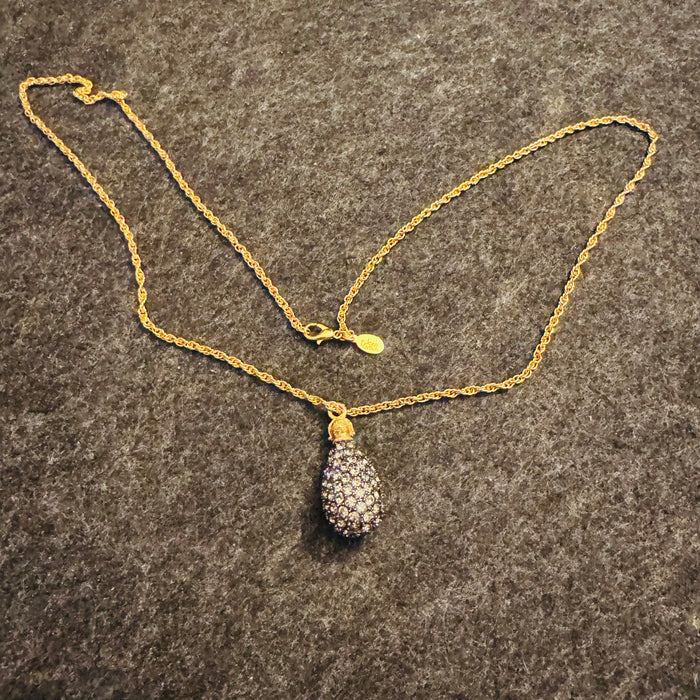 Vintage Joan Rivers Caviar Egg Necklace Black Swarovski Crystal Pavé Pendant 28” Gold Tone Rope Chain Signed Tag