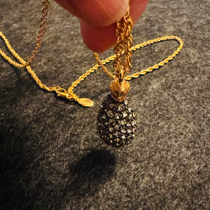 Vintage Joan Rivers Caviar Egg Necklace Black Swarovski Crystal Pavé Pendant 28” Gold Tone Rope Chain Signed Tag