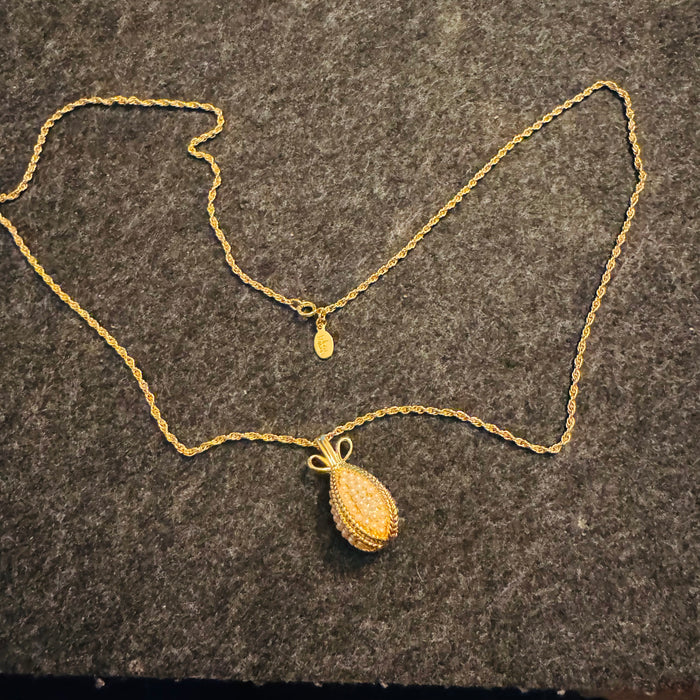Vintage Joan Rivers Faux Pearl Egg Pendant Necklace – Gold Tone Faberge Inspired, Signed Hangtag (27”)