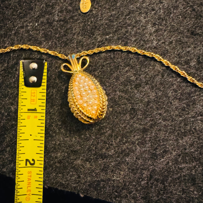 Vintage Joan Rivers Faux Pearl Egg Pendant Necklace – Gold Tone Faberge Inspired, Signed Hangtag (27”)