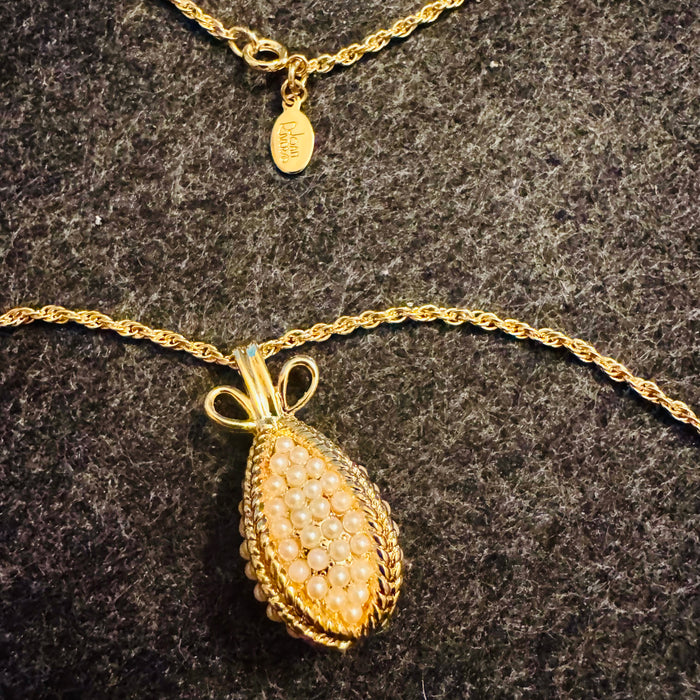 Vintage Joan Rivers Faux Pearl Egg Pendant Necklace – Gold Tone Faberge Inspired, Signed Hangtag (27”)
