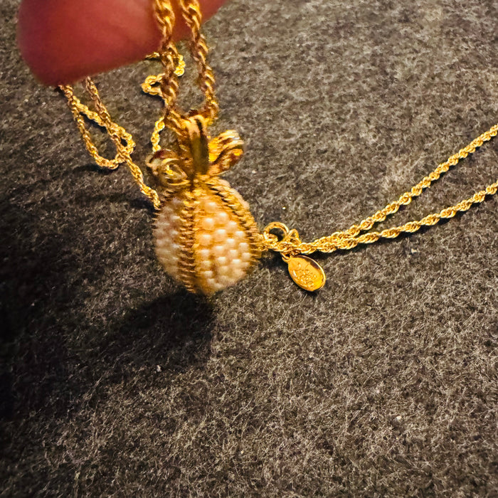 Vintage Joan Rivers Faux Pearl Egg Pendant Necklace – Gold Tone Faberge Inspired, Signed Hangtag (27”)