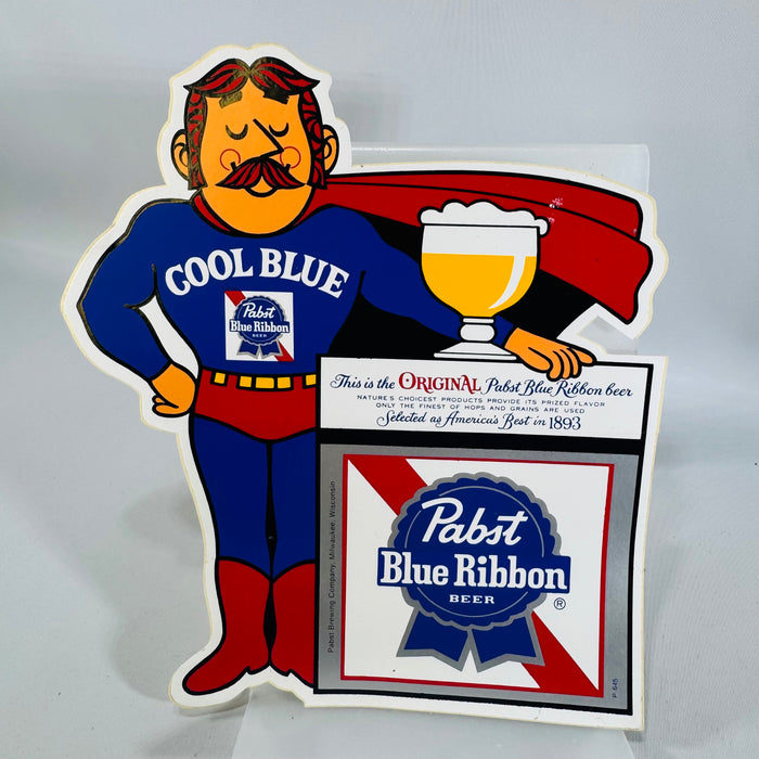 Vintage Pabst Blue Ribbon "Cool Blue" Superhero Die-Cut sticker  — PBR Breweriana Advertising Display, Pabst Brewing Company Milwaukee Wisconsin