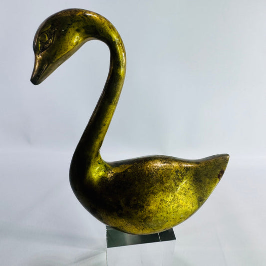 Vintage Solid Brass Swan Figurine, Mid Century Brass Bird Statue, Hollywood Regency Shelf Decor, Waterfowl Sculpture