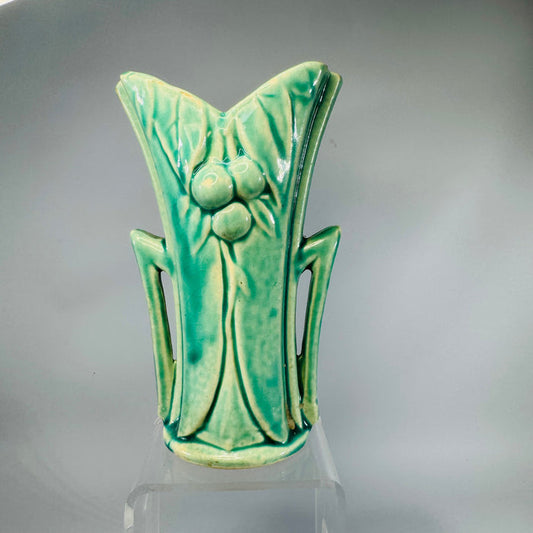 Vintage Turquoise Leaf & Berry Pottery Vase (Unmarked  McCoy  style) – 6"