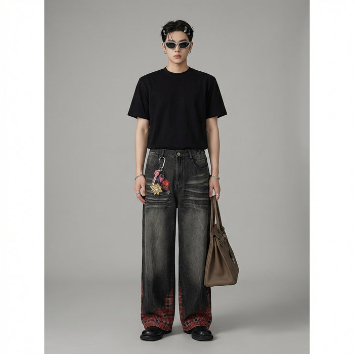 Pantalon denim large à carreaux noirs et rouges avec chaîne - Koreanxwear - Taille M