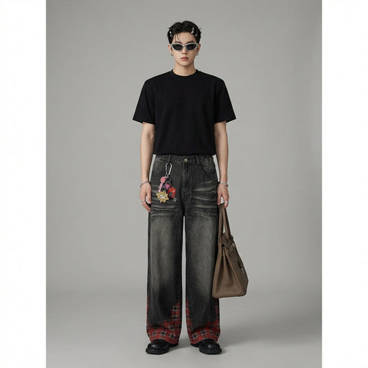 Pantalon denim large à carreaux noirs et rouges avec chaîne - Koreanxwear - Taille M