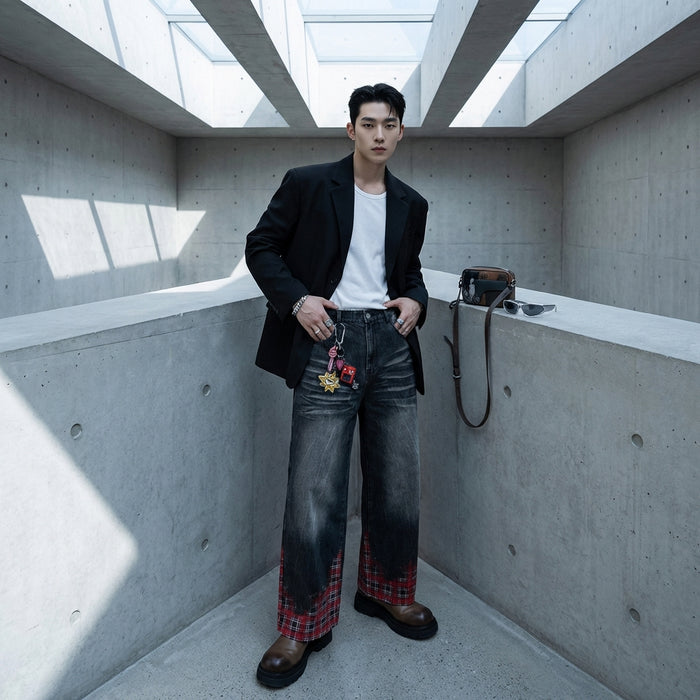 Pantalon denim large à carreaux noirs et rouges avec chaîne - Koreanxwear